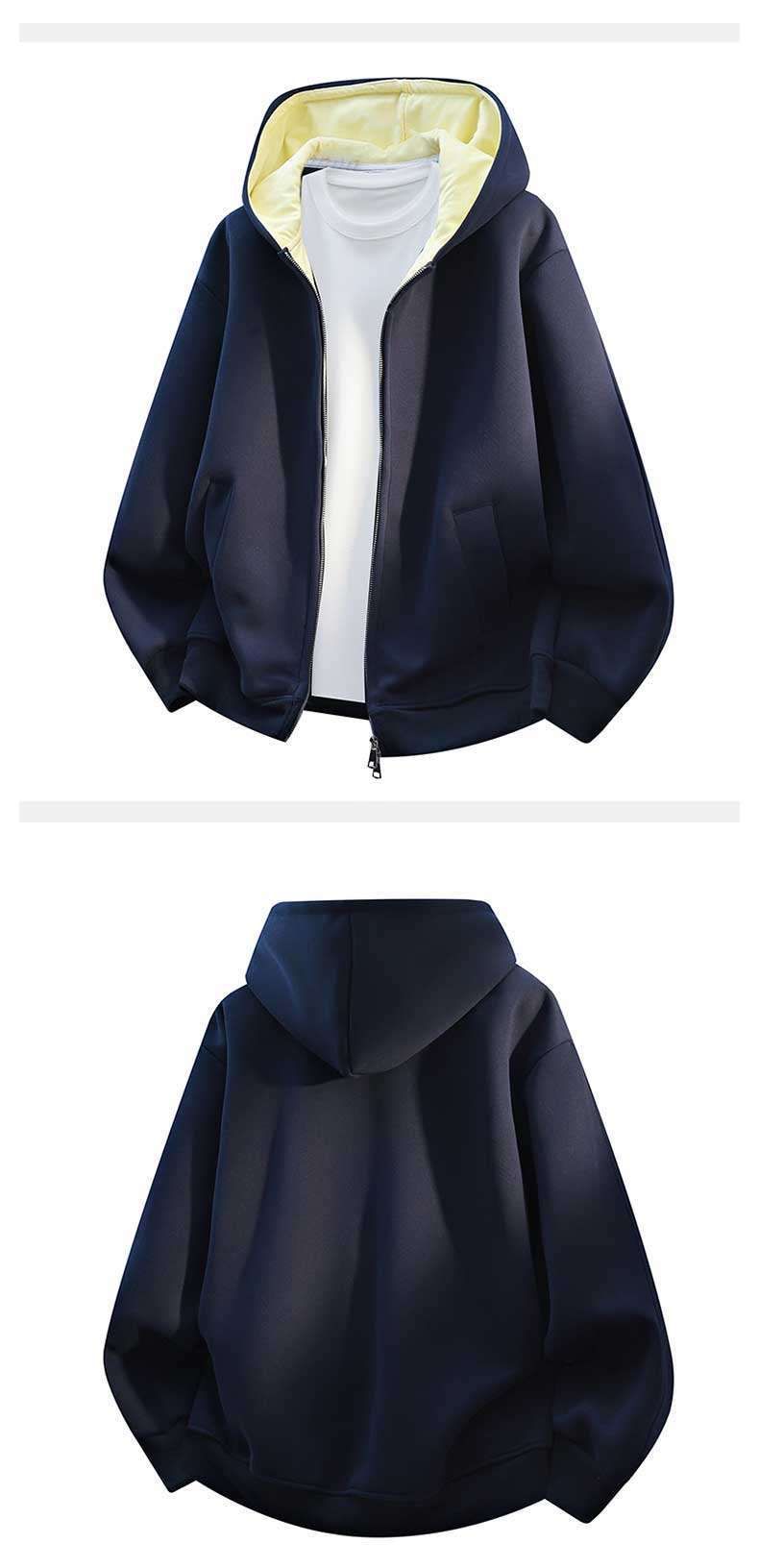 Men's Double Zipper Hooded Sweatshirt, Color Block Pullover, Casual Jacket For Fall & Winter, Plus Size, Unisex Style (White, Grey, Black, Navy)_voghion.com