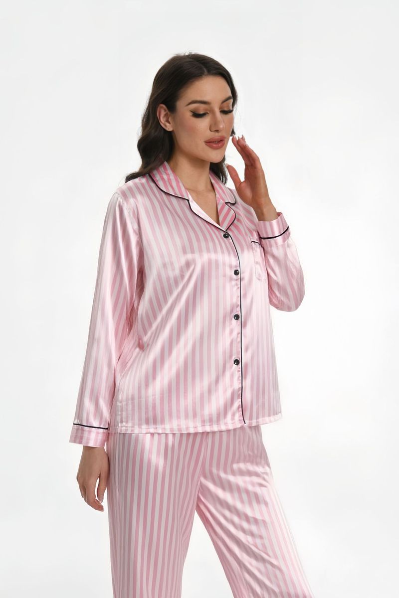 Women's Leopard Print & Pink Striped Viscose Long Sleeve Loungewear Set – Soft Button-Down Top & Long Pants, Comfortable Sleepwear For Home_voghion.com
