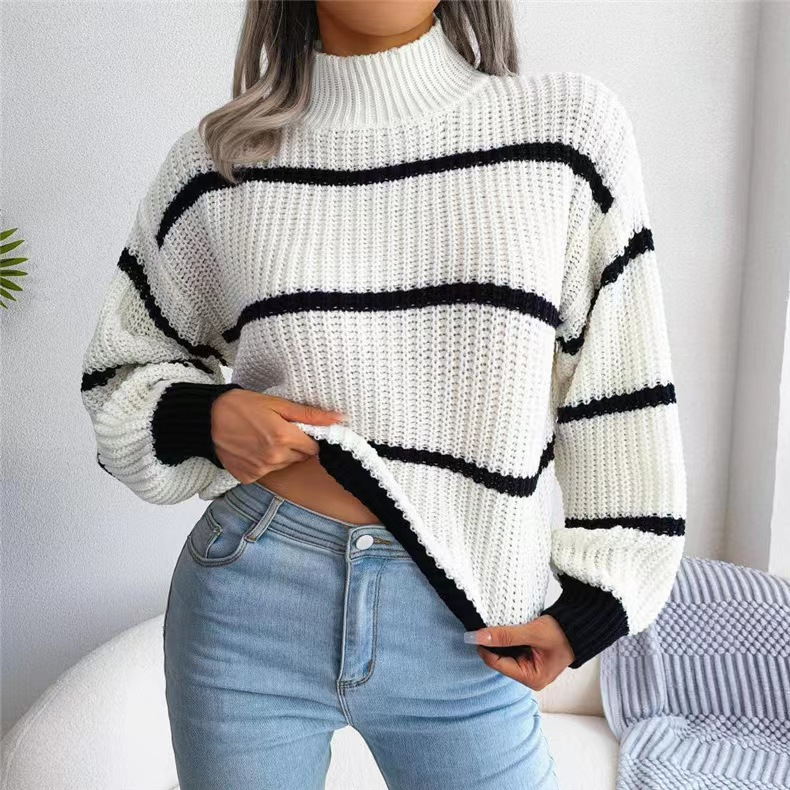 Suéter feminino casual listrado com manga lanterna e meia gola alta_voghion.com