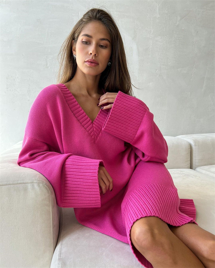 Damen-Pullover, mittellang, einfarbig, Rollkragenpullover, lockerer Boden, Grubenfaden, Langarm-Pullover_voghion.com