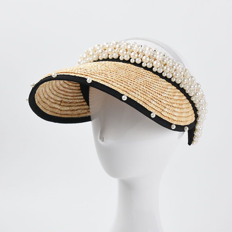 Modischer Sommerhut für Damen, handgefertigt, Stroh, leere Oberseite, Perlenschirmmütze, Visier, gebogene Krempe, Strandhut, Sonnenschutz, Urlaub_voghion.com
