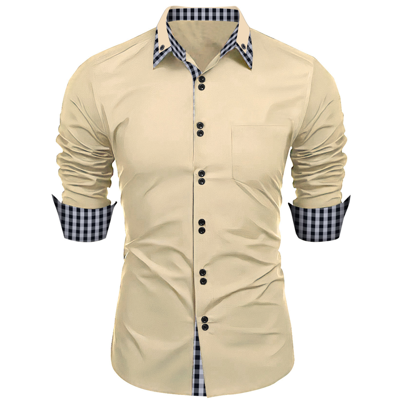New Wear Spring and Autumn Men's Fashion Check Color Block Business Slim Fit Casual Long sleeved Shirt_voghion.com