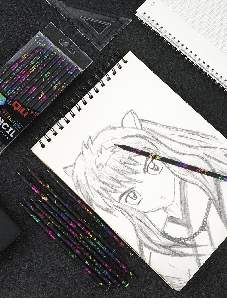 Zestaw 12 ołówków HB z brokatowym diamentem w kolorze czarnym, drewnianych, dla dzieci – kolorowe artykuły szkolne z nadrukami w kreskówkowe wzory_voghion.com