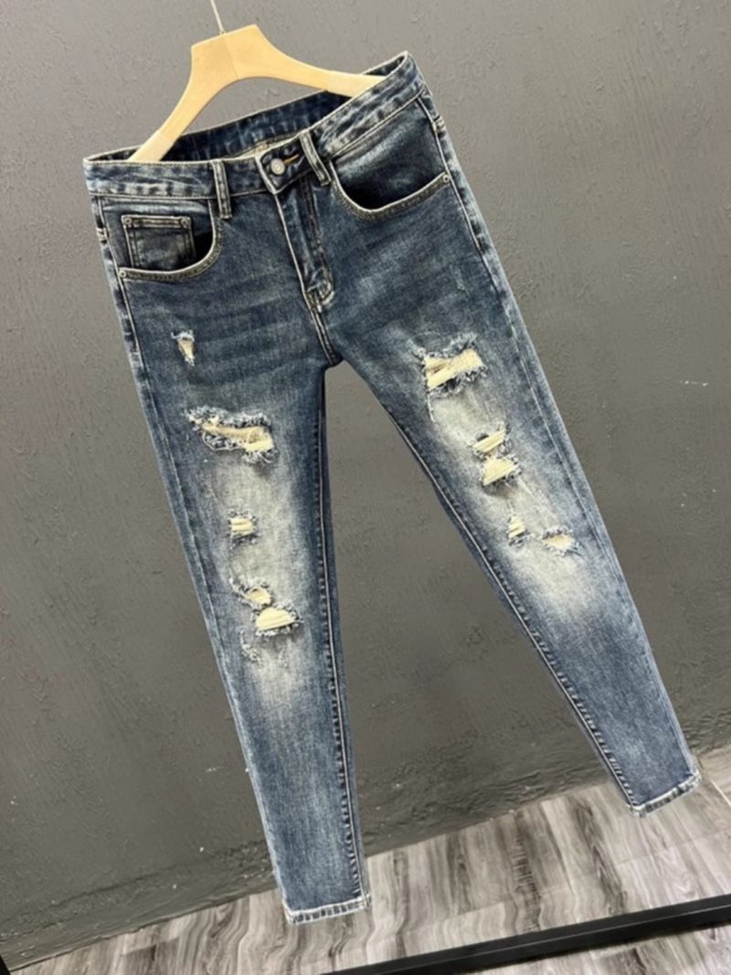 Men's Korean Style Skinny Spring Autumn Trend Elastic Slim Fit Cropped Pants Youth Fashion Ripped Jeans_voghion.com