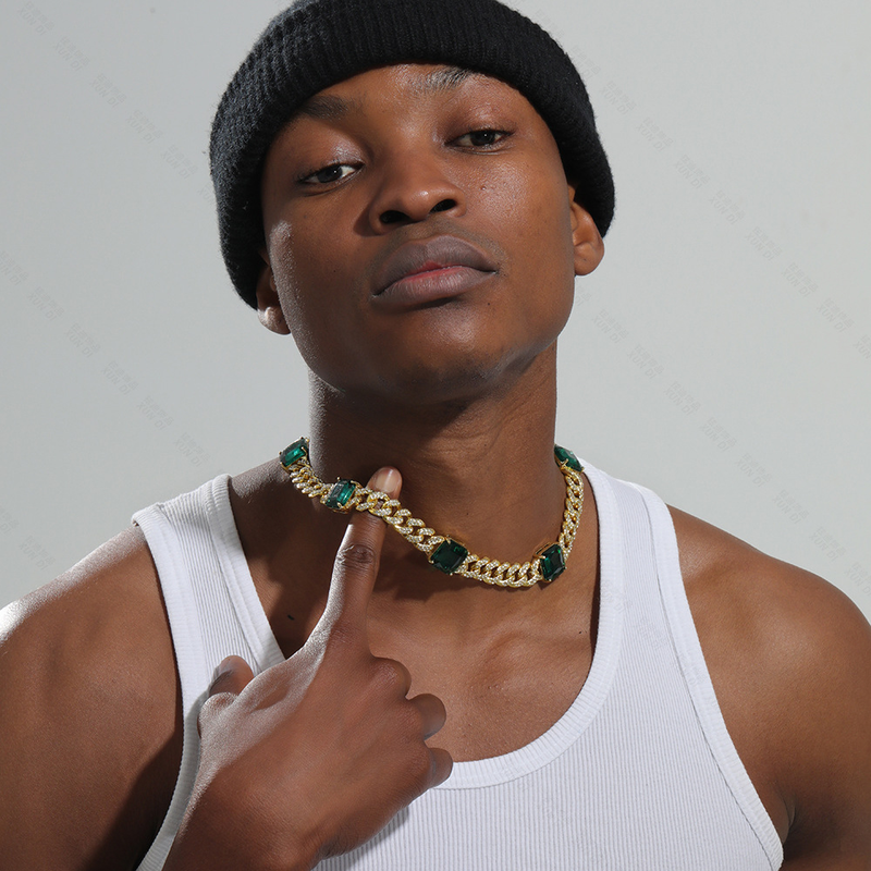 Herren-Schmuckset, modisch, Smaragdgrün, neue Hip-Hop-Halskette, modisch, hochwertige Legierung, Strass, kubanische Kette_voghion.com