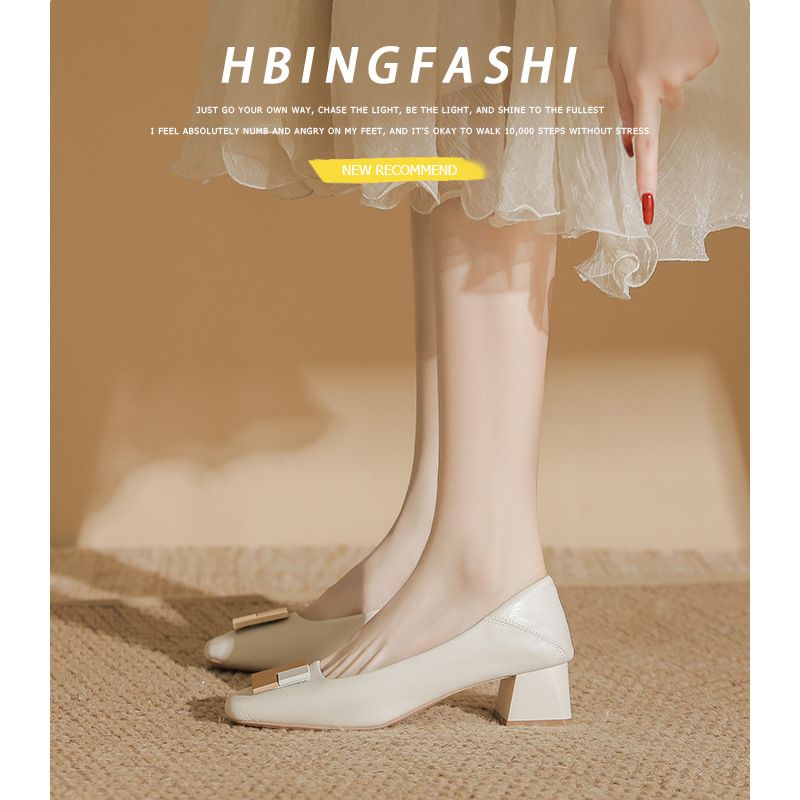 Rindsleder Echtes Leder Nischendesign Elegant Vielseitig Pendeln Flache High Heels Blockabsatz Quadratische Zehenpartie Single_voghion.com