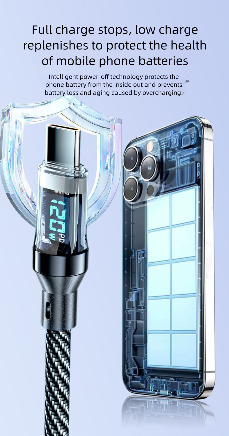 Digital Display 120W Super Fast Dual Head Type-C Compatible With IPhone Huawei Honor 6A Flash Charging Cable_voghion.com