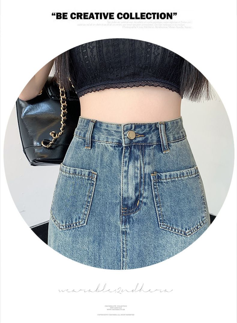 Rugged denim half women's summer ins style, niche high waisted and hip wrapped skirt, mid length A-line skirt trend_voghion.com
