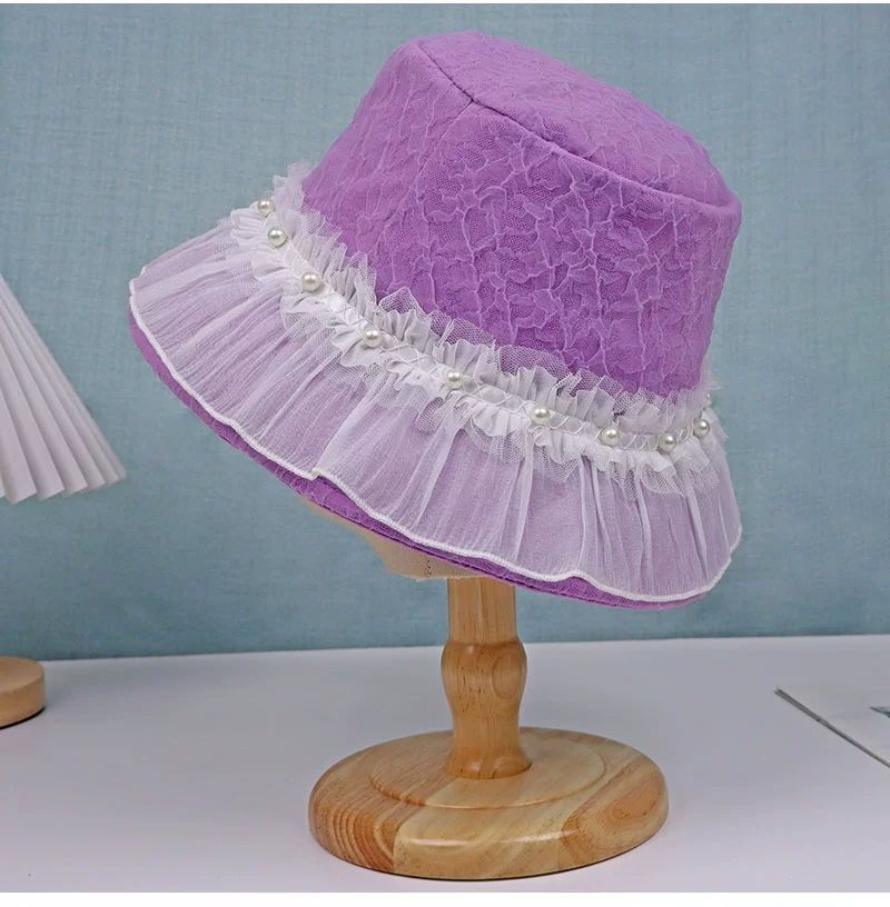 Pearl Mesh Pleated Fungus Edge Hat Women's Wide-brimmed Bucket Hat Outing Basin Hat Summer Breathable Sun Hat_voghion.com