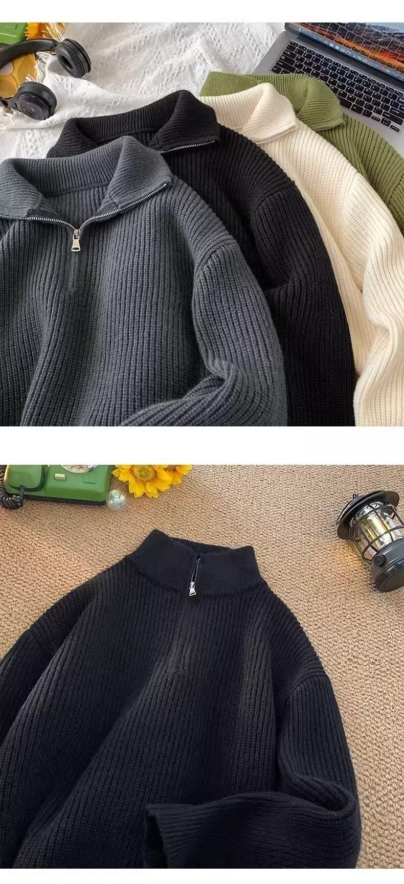 Suéter masculino de gola alta com zíper e meio zíper, novo suéter de malha de cor sólida para inverno, estilo preguiçoso, jaqueta casual para combinar_voghion.com