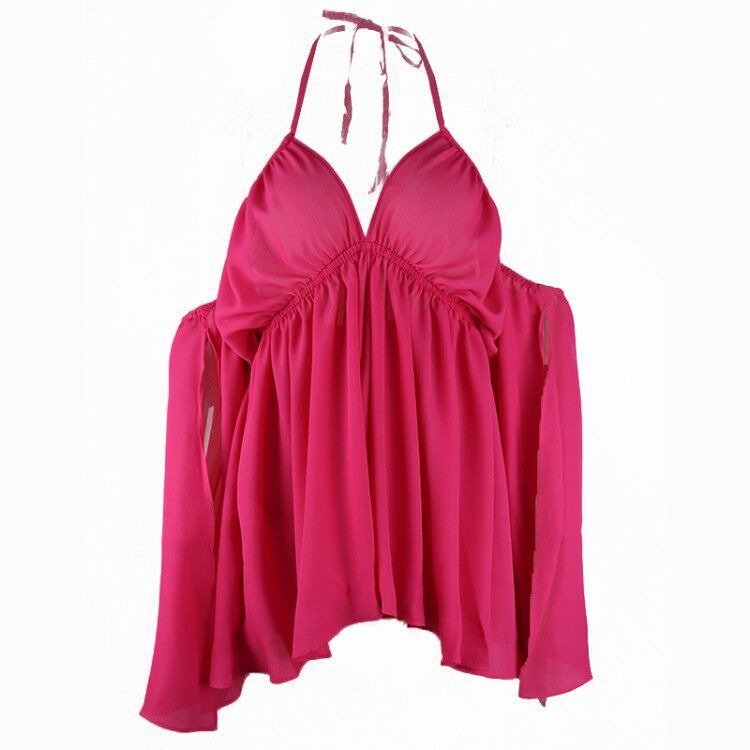 Abito da spiaggia casual in chiffon a vita alta con spalline annodate e spalle scoperte, nuovo ed estivo, per donna, comodo e sinonimo di abito_voghion.com