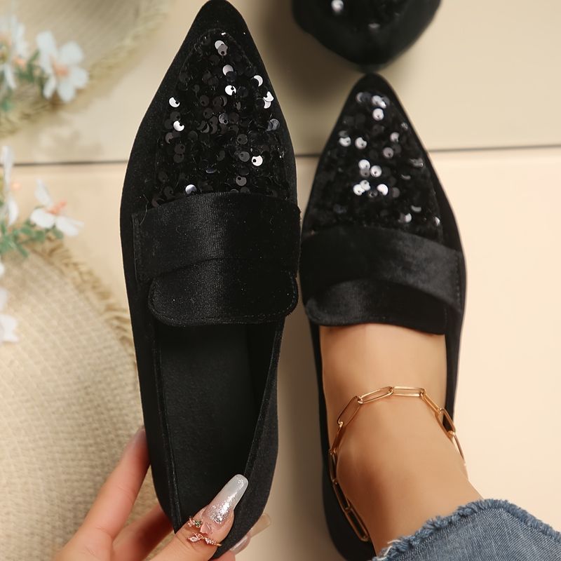 Flache Schuhe mit Paillettendekor für Damen, modische Schlupfschuhe mit spitzer Spitze, bequeme All-Match-Flats für Musikfestivals_voghion.com