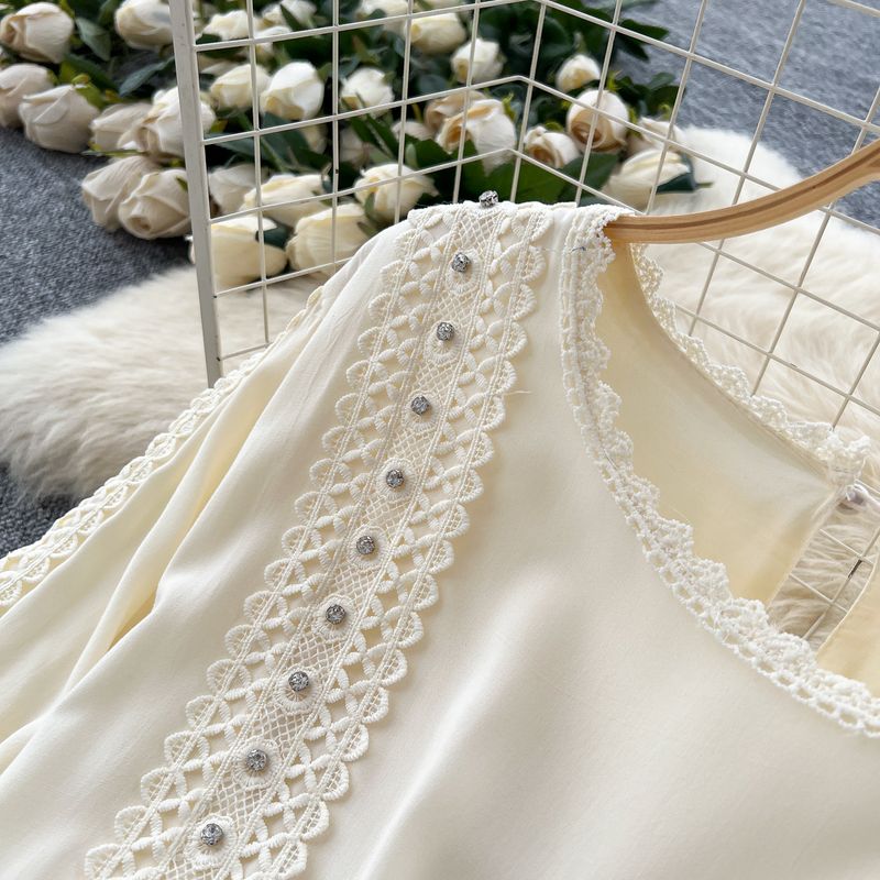 Robe longue trapèze à lacets et broderies ajourées, col en V, beige, vert, kaki et marron (taille unique)_voghion.com