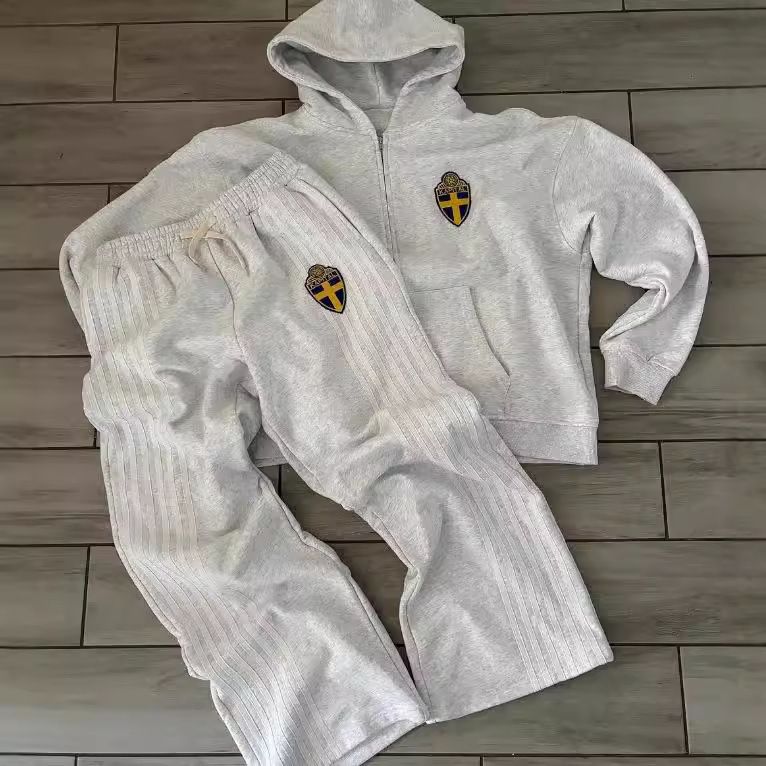 Ropa para hombre Sudadera con capucha Traje deportivo informal americano Pantalones deportivos Cárdigan gris holgado Nuevo estilo moderno_voghion.com