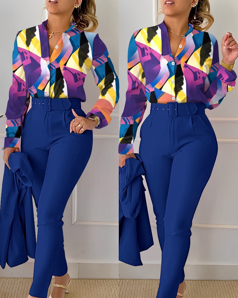 Damenmode-Modedruck-Langarmoberteil einfarbiges Hosenset mit Gürtel_voghion.com