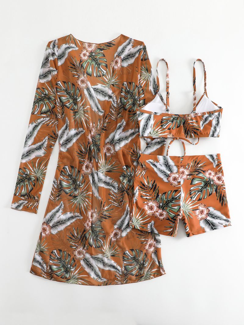 kvinders delt tredelt sæt højtaljet langærmet bluse internet berømthed snøre outfit_voghion.com