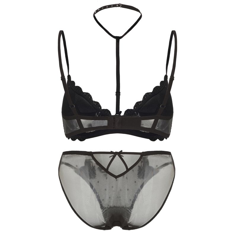 Women's Intimates Sexy Thin Halter Neck Love Mesh Embroidered Underwear Small Chest Big Push Up Bra Set_voghion.com
