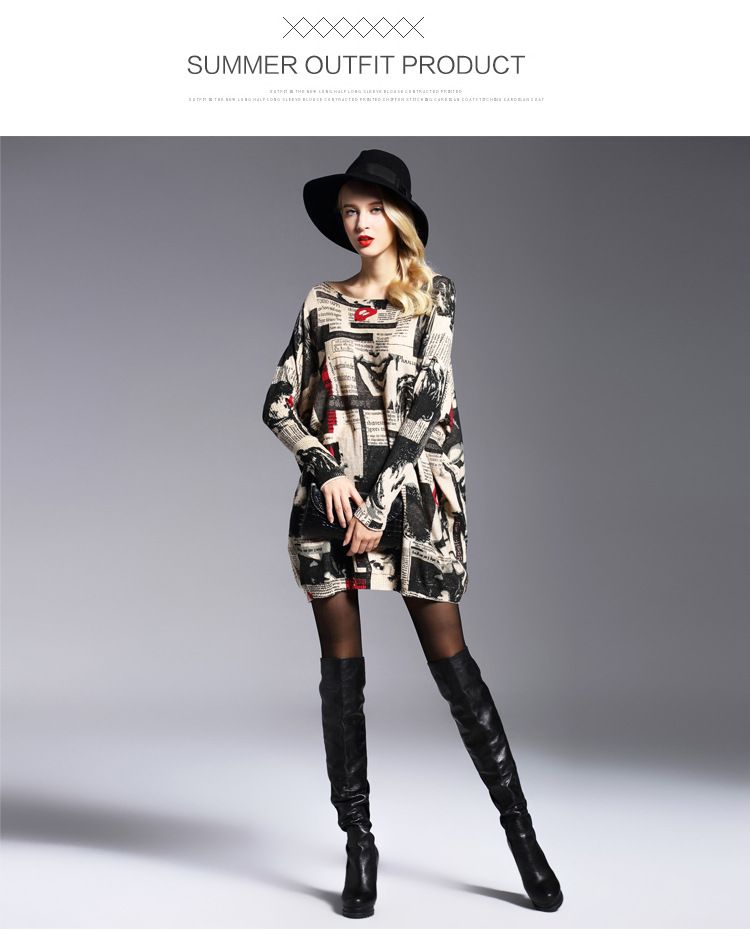 Pull ample mi-long à manches longues et imprimé bouche pour femme_voghion.com