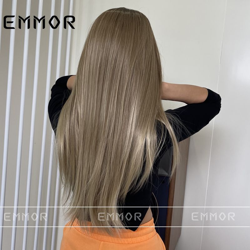 Parrucca lunga e liscia con capelli castani sfumati, con gancio a mano, in seta naturale, a temperatura media e alta, per tutta la testa_voghion.com