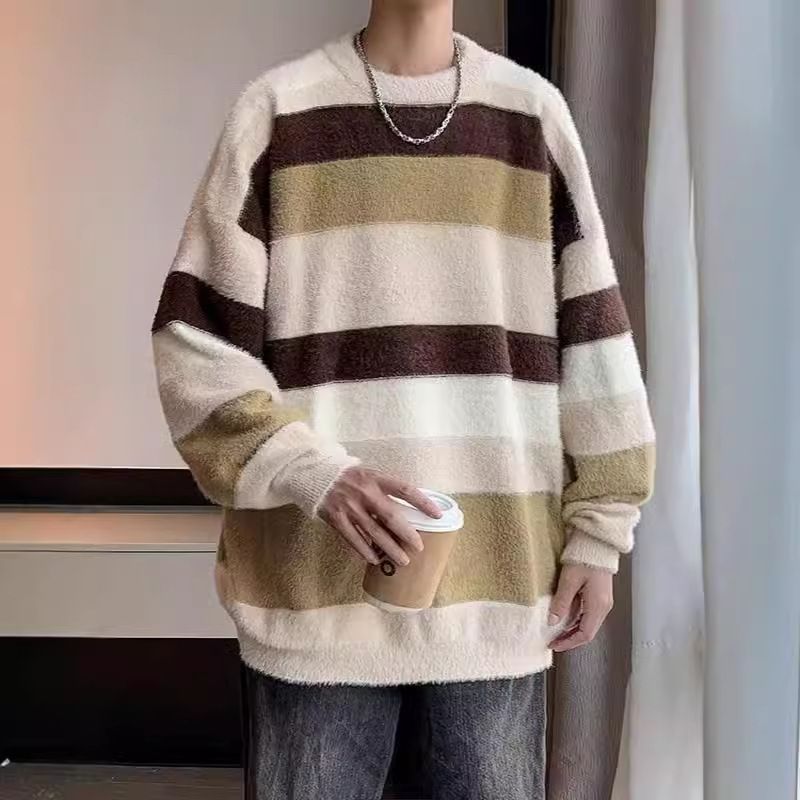 New mink striped sweater men's winter thick contrasting color autumn and winter couple lazy style round neck knitted sweater_voghion.com
