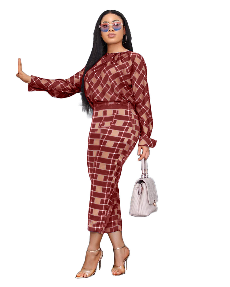 Explosieve losse blouse met lange mouwen en geruite broek, tweedelige set_voghion.com