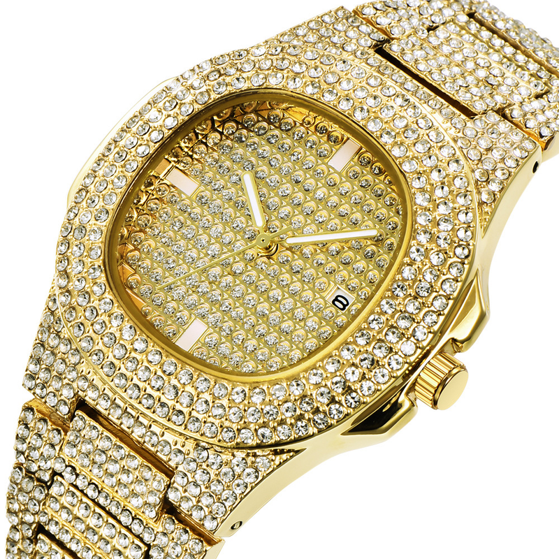Herrenuhr mit Diamanten im Hip-Shop-Design, Legierungsband und Datumsanzeige_voghion.com