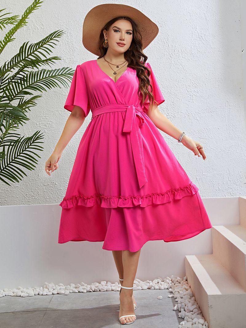 Vestido medio cárdigan con cuello en V rojo rosa de verano para mujer_voghion.com