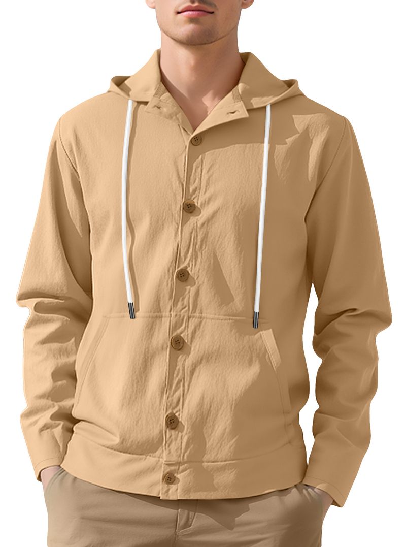 Camicia da uomo con bottoni, casual, ampia, in lino, semplice, con cappuccio, a maniche lunghe, primaverile e autunnale_voghion.com