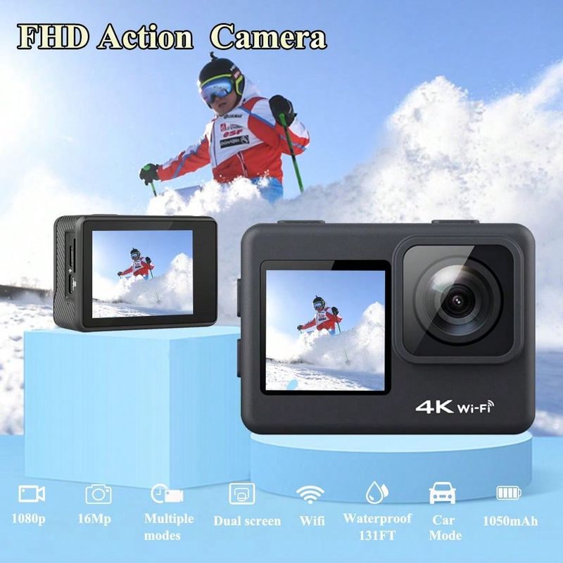 Cámara deportiva para exteriores con pantalla dual 4K y WIFI, videocámara para ciclismo, resistente al agua hasta 30 m_voghion.com