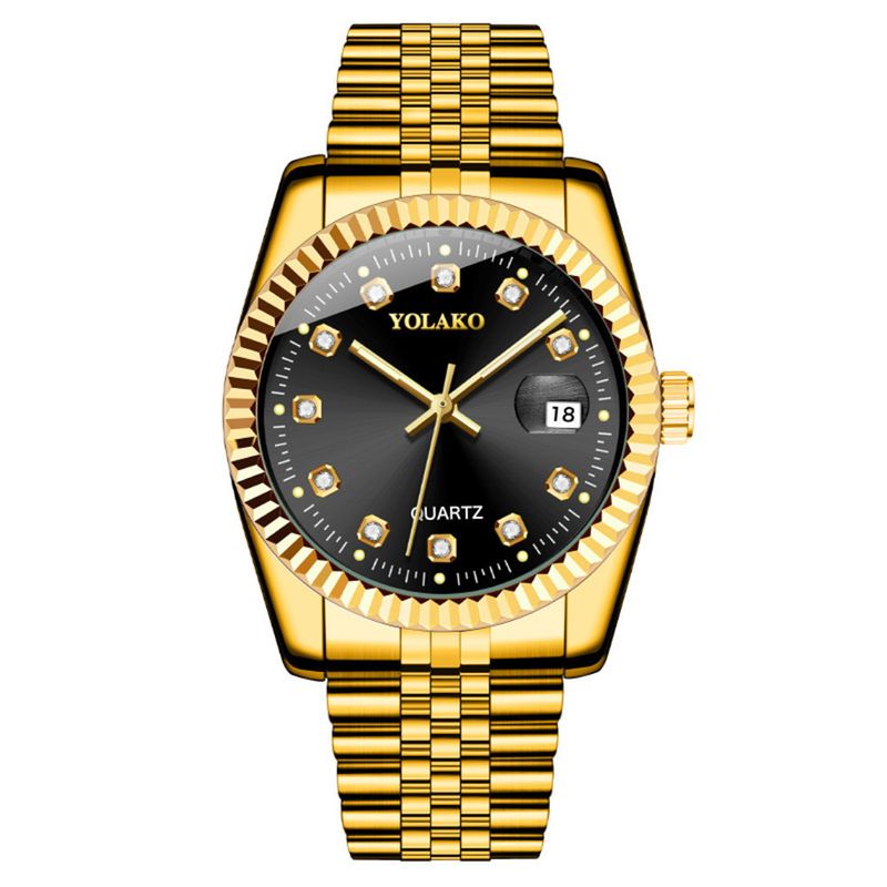 Reloj de acero inoxidable con calendario para hombre y mujer, con diamantes dorados y calendario para sala de negocios_voghion.com