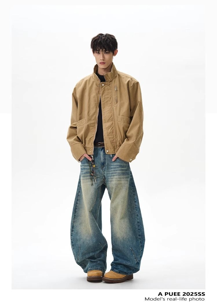 Vintage Aviator Jacket Men's Casual Bomber Coat Cotton Short Jacket Retro Loose Fit Stand Collar Workwear Top For Spring Autumn_voghion.com