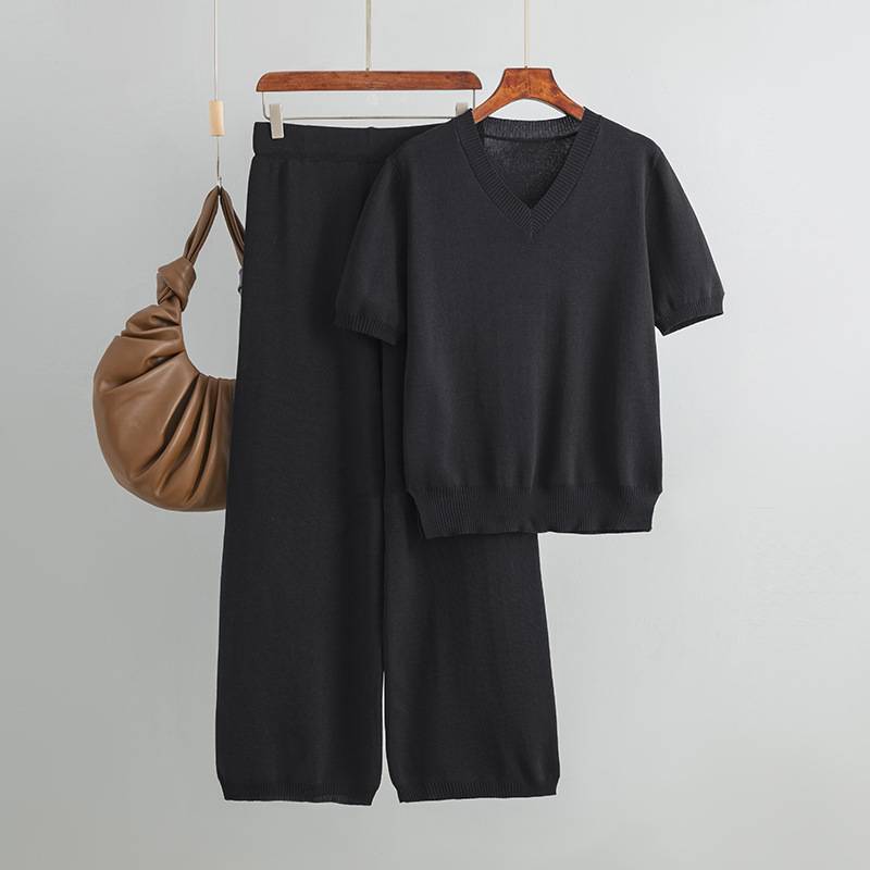 Audday Fashion For Women V-neck Loose Split Knit Top Two-piece Set High Waist Draped Straight-leg Casual Pants_voghion.com