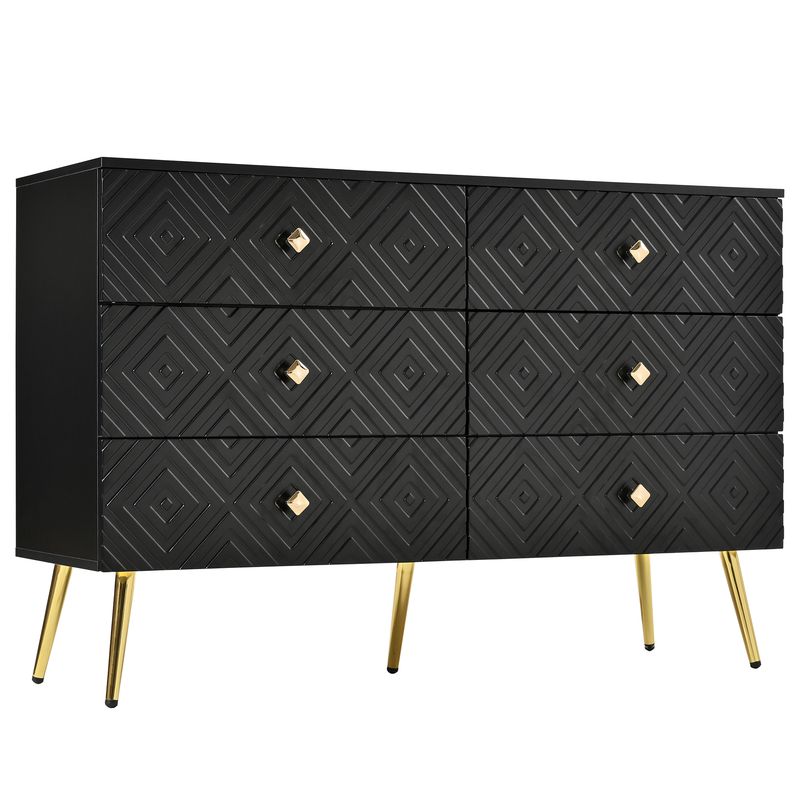 Kommode Schwarz 120x80cm Mit 6 Schubladen, Gold-Akzenten, Metallbeinen_voghion.com