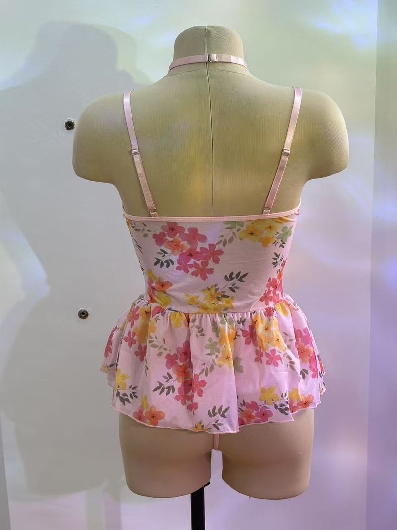 Sexy pizzo trasparente maglia cava un pezzo gonna floreale set lingerie seducente_voghion.com