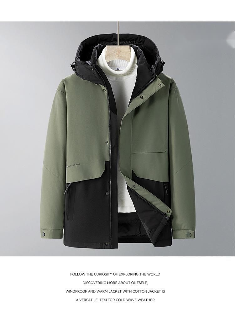 Giacca da uomo invernale di alta qualità 2024, comoda e di media lunghezza, alla moda, con blocchi di colore, nera e oro._voghion.com
