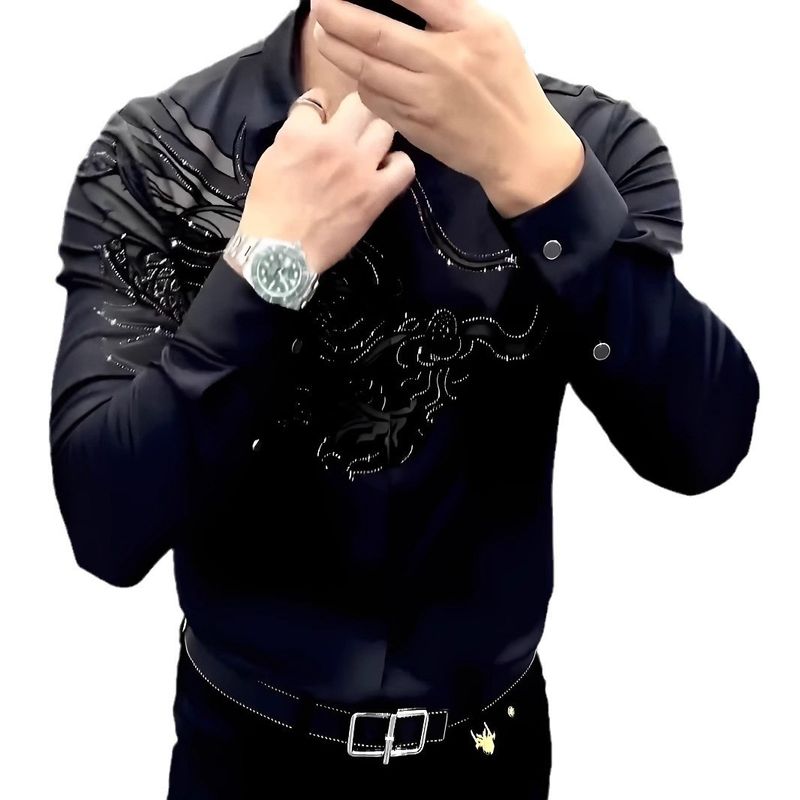 Maglietta a maniche lunghe da uomo con motivo a drago, modello primavera/estate di qualità imbattibile, sottile, alla moda, versatile, leggera, con colletto ribaltabile._voghion.com
