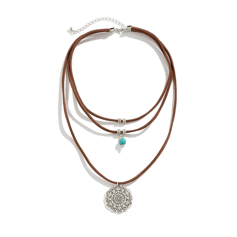 PuRui Bohemia Multilayer Brown Rope Necklace With Geometric Pendant Natural Stone Beads Choker for Women Jewelry Girls_voghion.com
