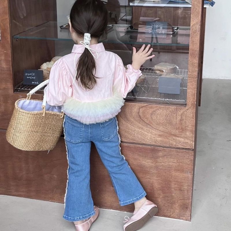 Abbigliamento per bambini ragazze camicia in rete in stile western jeans con bordo grezzo set due pezzi_voghion.com