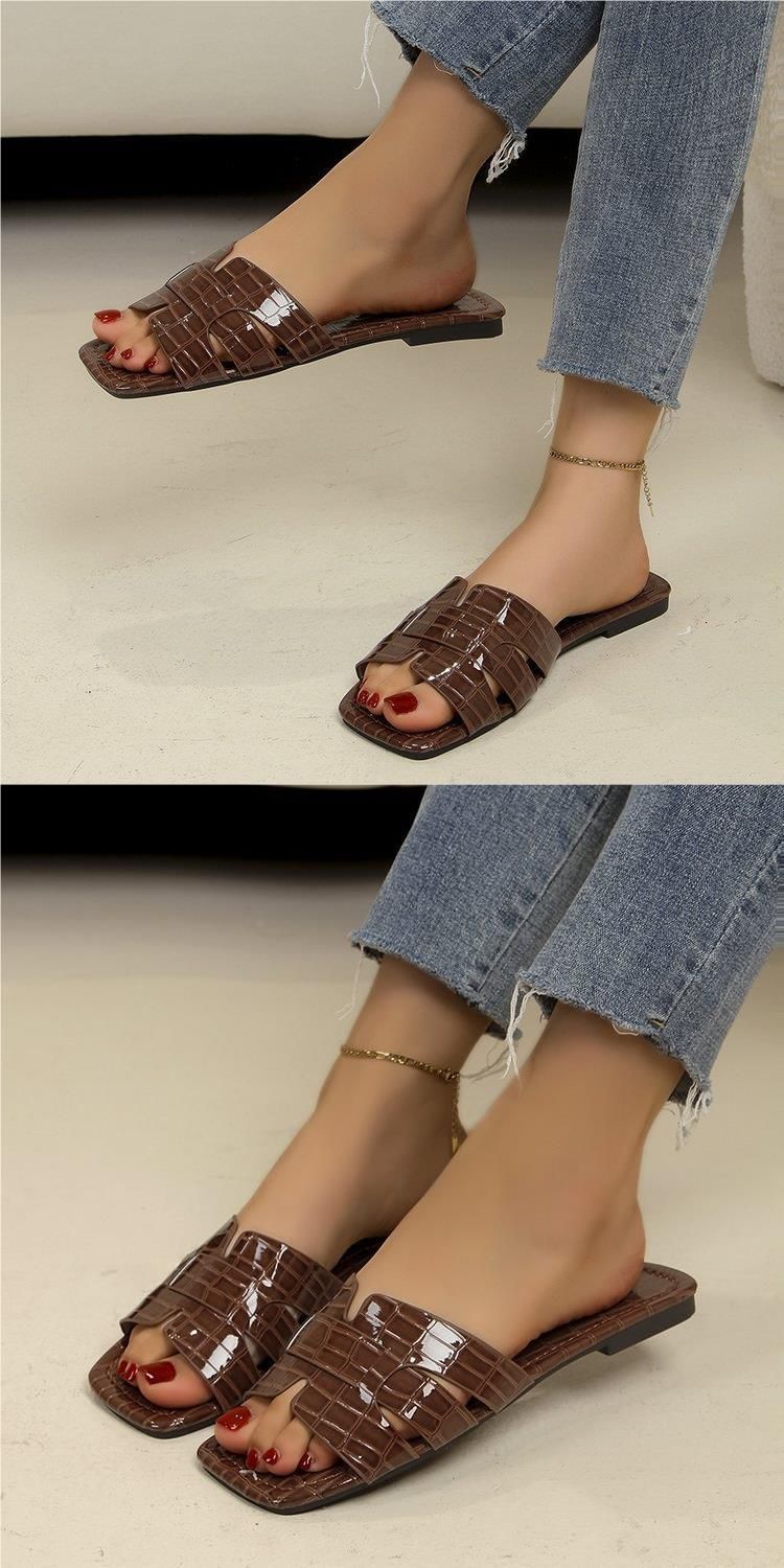 A Word Solid Color Flat Women's Slippers New Classic Stone Pattern Slip-on_voghion.com