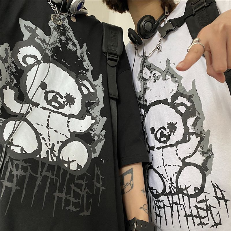 Men's Clothing summer new fashion brand pure cotton bear cartoon print men's Korean loose short sleeved T shirt men's couple wear_voghion.com