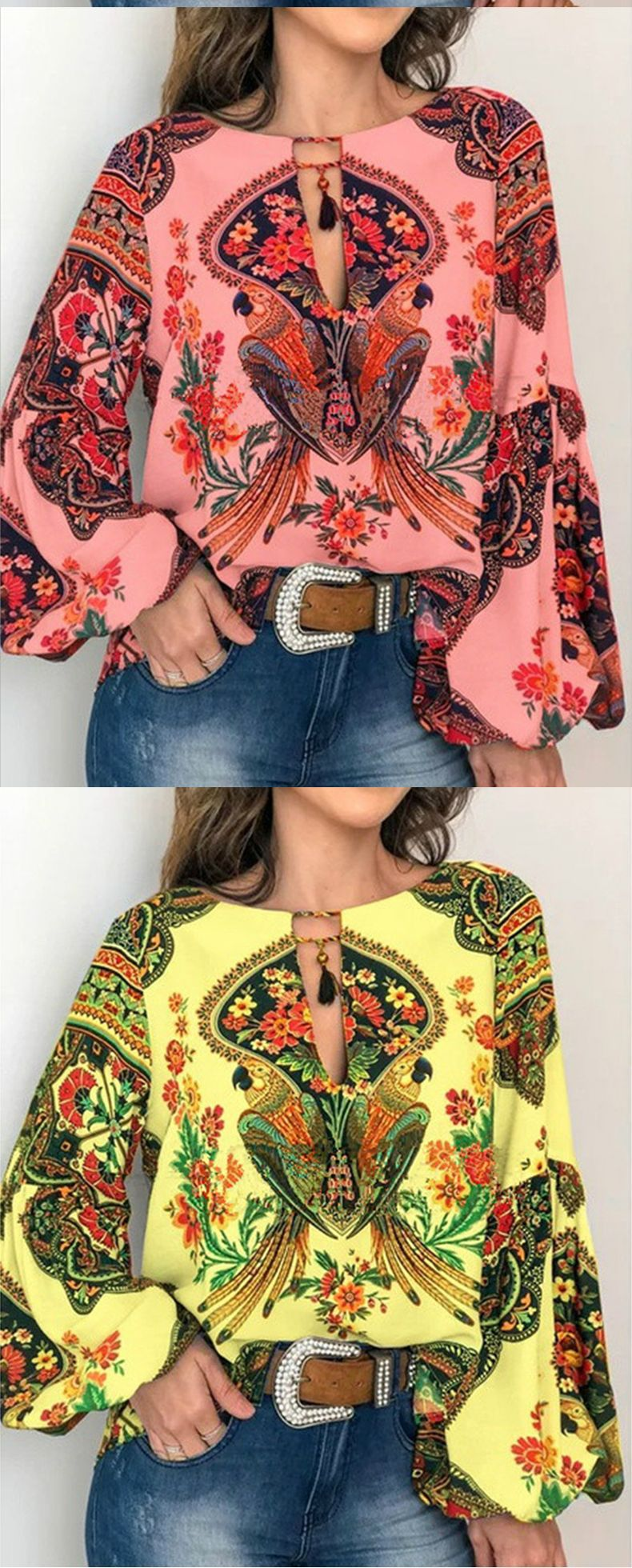 Women's personalized digital printed round neck lantern sleeve shirt_voghion.com