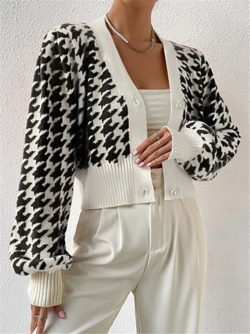 Dameskleding herfst en winter patroon lantaarn mouw gebreide cardigan trui korte jas_voghion.com