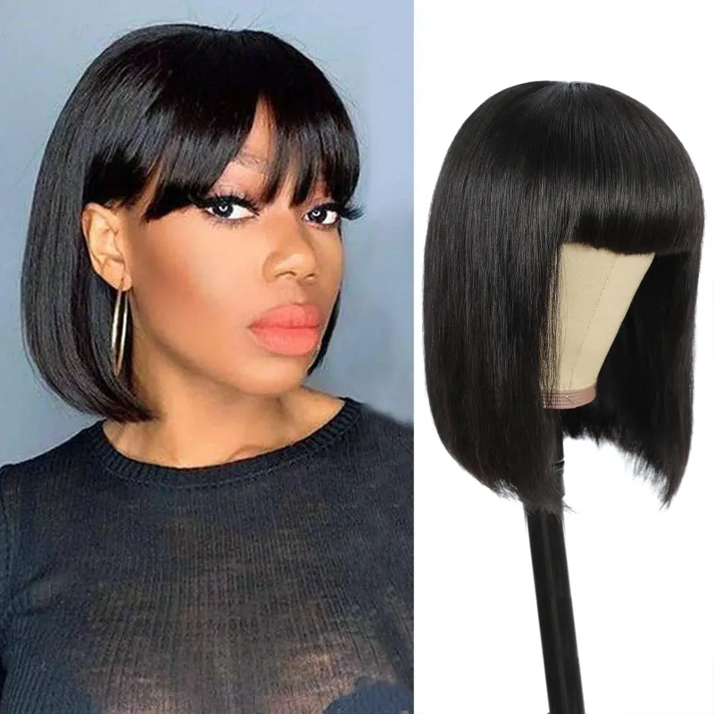 Short Bob Wig with Bangs Straight Human Hair Glueless Ready to Go Brazilian Remy Full Machine Wig for Women_voghion.com