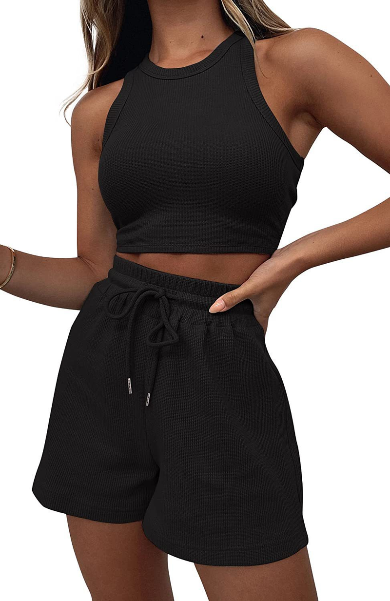 Ensemble 2 pièces pour femme, débardeur sans manches, couleur unie, style décontracté, été 2025_voghion.com