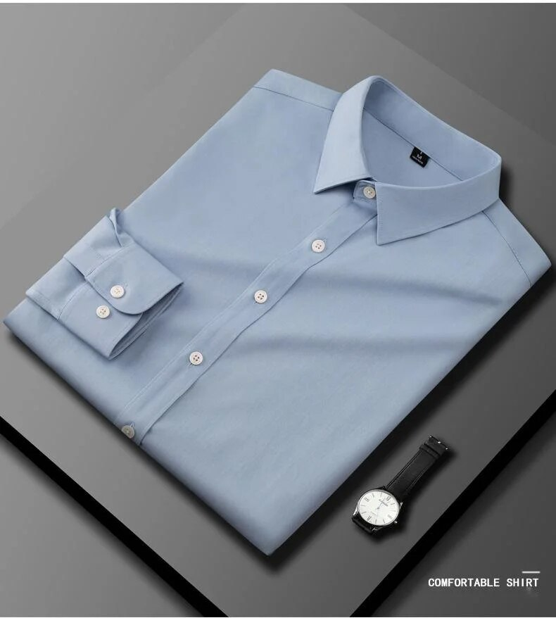 2023 New Light Luxury Long sleeved Business Casual No iron Silk Smooth High end Feel Handsome Versatile Men's Shirt_voghion.com