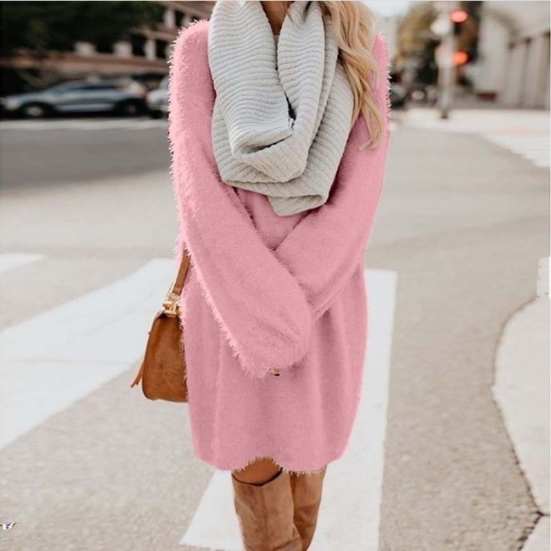 Robe ample en peluche mi-longue à manches longues et col rond pour femme automne/hiver 2023_voghion.com