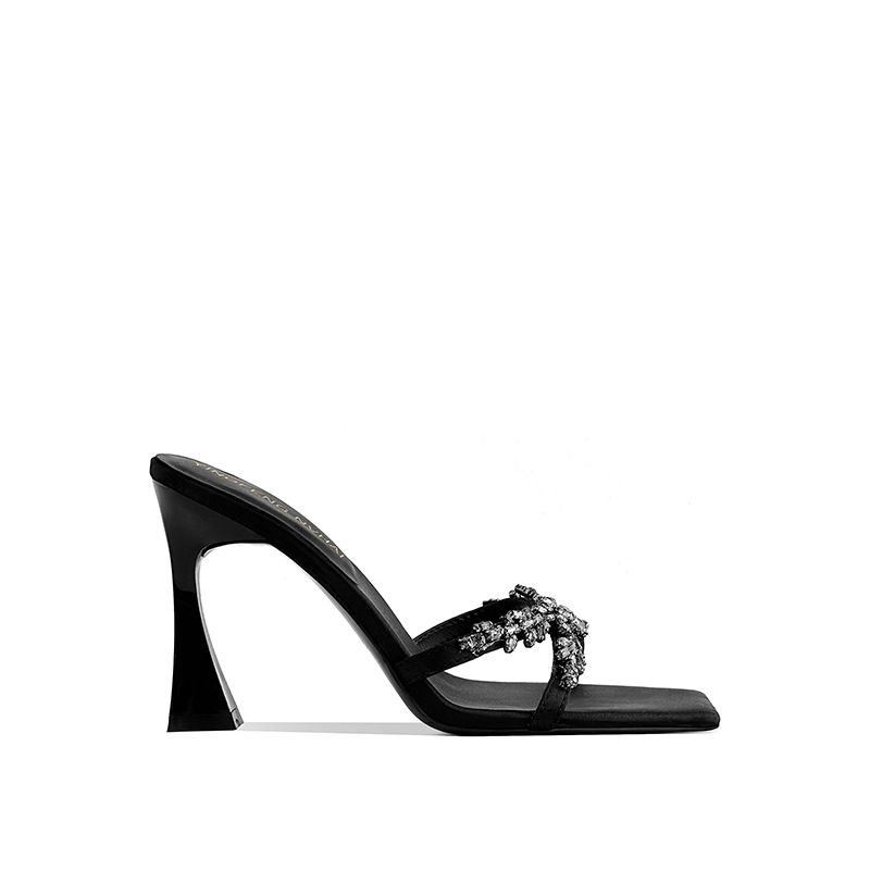 Sandali con tacco alto, stiletto, punta aperta, con incrocio quadrato e strass, nuovi modelli primavera 2025, da donna, in raso nero_voghion.com