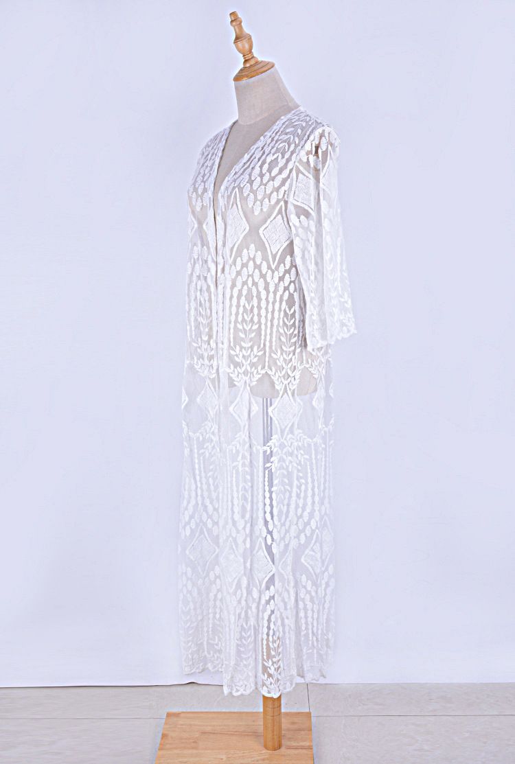 Cardigan da spiaggia in pizzo da donna – Giacca bikini lunga e sexy in tessuto trasparente (taglia unica, bianco, abbigliamento da spiaggia e costume da bagno)_voghion.com