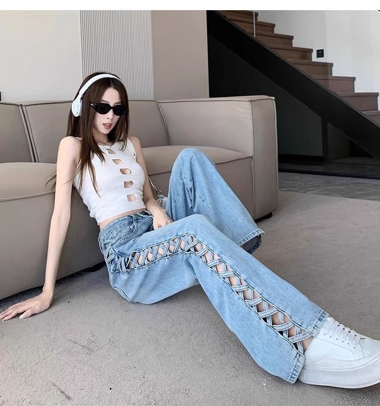 Abbigliamento da donna, design primaverile ed estivo, pantaloni sottili e versatili a vita alta lunghi fino al pavimento_voghion.com