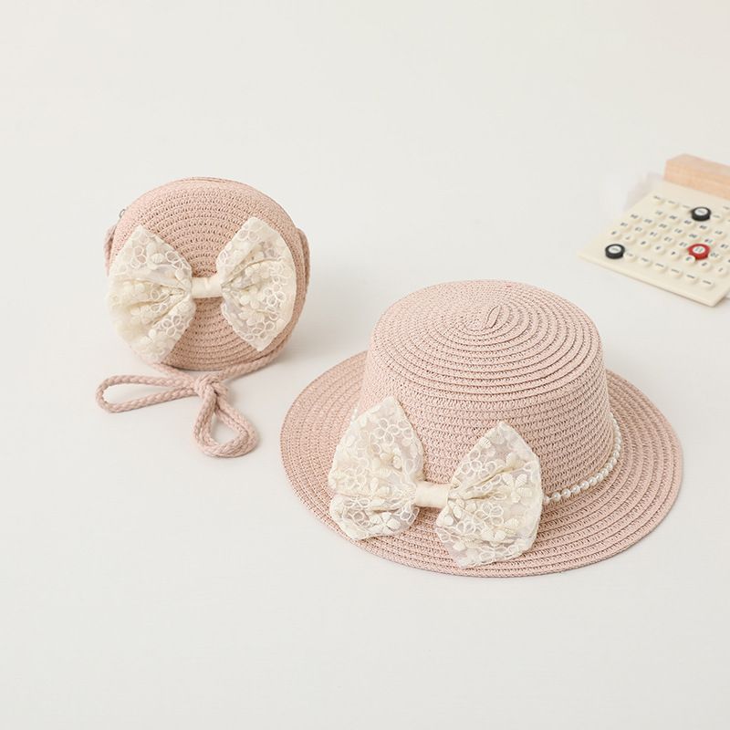 Nei Arrivée 2 Stéck/Set Kleng Meedercher Summer Handgewebt Hutt A Schëller Crossbody Tasch Kanner Puppelchen Prinzessin Schleif Strand Stréi Sonnekapp_voghion.com